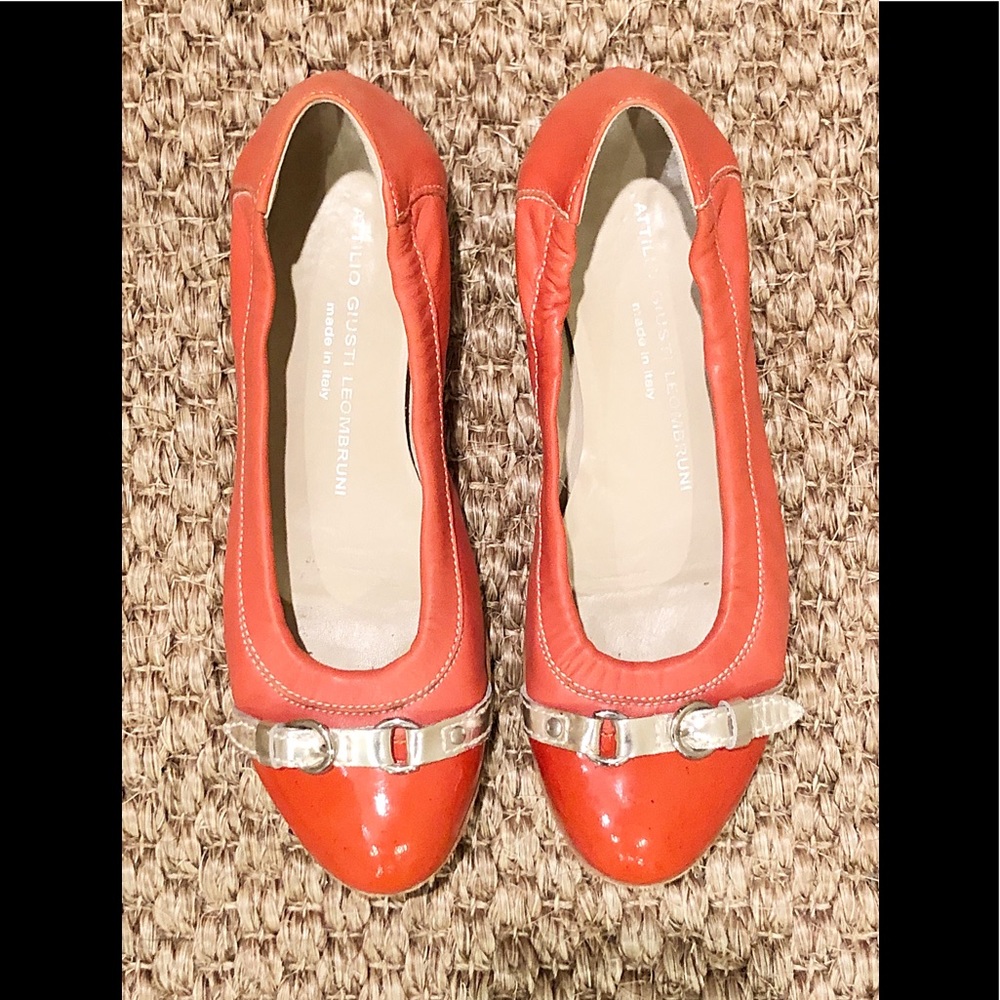 AGL (Attilio Leombruni) Flat Orange Leather Orange Patent  Buckle, EUC, Sz 37